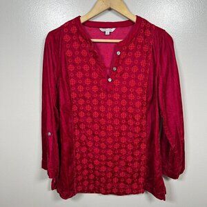 John Mark Velvet Tunic Top Size Small Red Embroidered Roll Tab Sleeve Peasant
